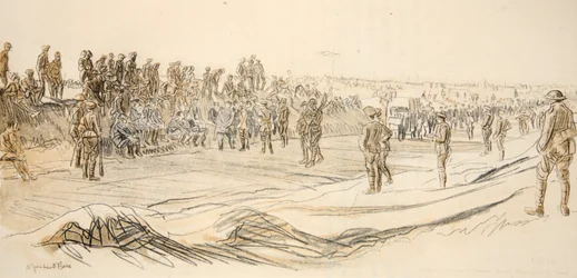 Pozorování německých zajatců, ilustrace z knihy "The Western Front", vydavatelství Country Life Ltd.