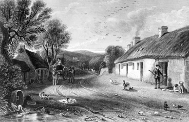 Burnova chalupa, ilustrace z knihy "Land of Burns" od Johna Wilsona, vydáno 1840