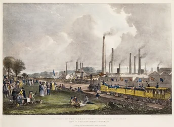 Pohled na St. Rollox při pohledu na jihovýchod; Otevření železnice Glasgow a Garnkirk, 1832