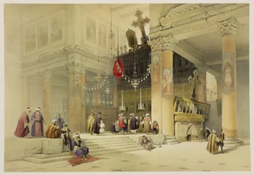 Kněžiště kostela svaté Heleny, deska 87 ze svazku II knihy "Svatá země", vyryl Louis Haghe (1806-85), vyd. 1843