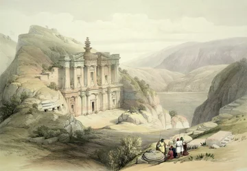 El Deir, Petra, 8. března 1839, deska 90 ze svazku III knihy "Svatá země", vyryl Louis Haghe (1806-85), vyd. 1849