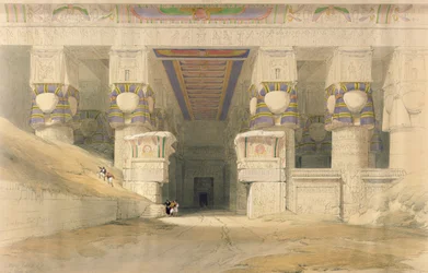 Fasáda chrámu Hathor, Dendarah, z „Egypta a Núbie“, vyryla Louis Haghe (1806-85), vydáno v Londýně, 1838