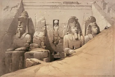 Přední pohled na Velký chrám Aboo Simbel, Núbie, z „Egypt a Núbie“, litografie Louis Haghe, 1849