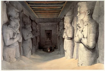 Obří vápencové sochy Ramesse II., chrám Ramesse, Abú Simbel, Egypt, 1836
