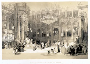 Interiér kostela Božího hrobu na zátoce, kresba vytvořená 11/04/1839 ve „Svaté zemi“, Londýn 1849