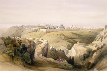 Jeruzalém z Olivové hory, 8. dubna 1839, deska 6 ze svazku I knihy "Svatá země", kterou vyryl Louis Haghe (1806-85), vyd. 1842