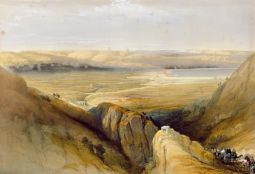 Údolí Jordánu, z II. dílu knihy "The Holy Land" od Louise Hagheho (1806-85), vydané v Londýně roku 1842 v Londýně roku 1842.
