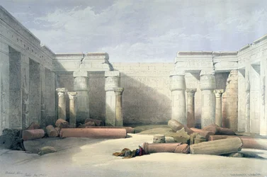 Medinet Abu - Théby, 5. prosince 1832": litografie podle akvarelu Davida Robertse (1796-1864), skotský malíř. Starověký Egypt Archeologie