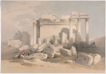 Ruiny východního sloupoví chrámu Baalbec, 1839.