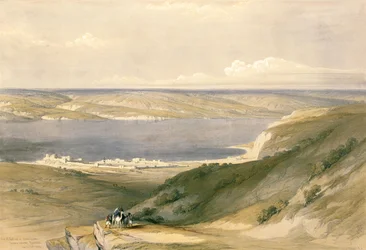 Galilejské jezero nebo Genezareth, dívat se k Bázan, 21.dubna 1839, deska 36 z Volume I ‚Svaté země‘, vyryl Louis Haghe (1806-85) hospodě. 1842