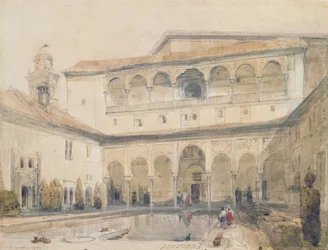 The Court of Myrtles, Alhambra (nebo Hall of Myrtles, Alhambra) 1833 (tužka a akvarel na papíře)