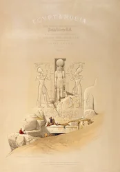 Vchod do velkého chrámu v Abú Simble v Núbii, titulní strana I. dílu knihy "Egypt and Nubia", rytina Louise Hagheho (1806-1985), vydaná v Londýně roku 1846.