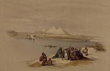 Pyramidy v Gíze od Nilu, z "Egypt a Nubie", Vol.1 (litho)