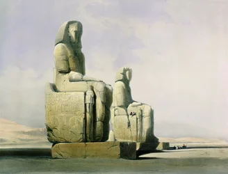 Théby, 4. prosince 1838, detail Memnonových kolosů, deska 12 ze svazku I díla Egypt a Núbie, rytina od Louise Hagheho 1806-85, vydáno 1846, litografie, detail 67033