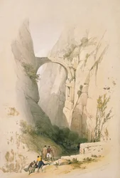 Vítězný oblouk přes rokli vedoucí do Petry, tabule 95 ze svazku III díla „The Holy Land“, rytina Louise Hagheho (1806-85), vydáno 1849