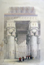 Pohled zpod portiku chrámu v Dendeře", kolem roku 1839. Litografie z roku 1856 podle Davida Robertse (1796-1864), skotského malíře a orientalisty.