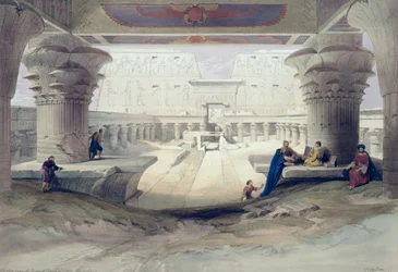 Pohled zpod sloupořadí chrámu v Edfou, Horní Egypt, deska 32 ze svazku I Egypta a Núbie, vyrytý hospodou Louisem Haghem (1806-85). 1846