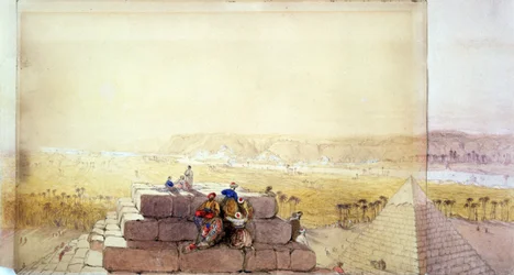 Pohled na pyramidu" Podle akvarelu Davida Robertse (1796-1864), skotského malíře a orientalisty. Starověký Egypt Archeologie