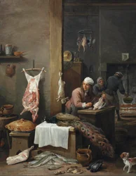 Interiér kuchyně s kuchařem připravujícím zvěřinu u stolu (Le Cuisinier Flamand)