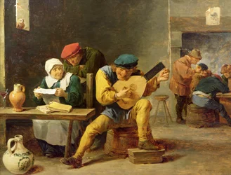 Rolníci dělají hudbu v hostinci, kolem 1635 (olej na dubu)