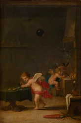 Amoretti v alchymistické dílně, asi 1635-37 (olej na dubovém dřevě)