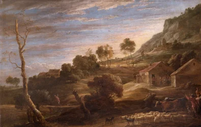 Krajina s rolníky, kteří ženou dobytek, cca 1670-90 (olej na plátně)