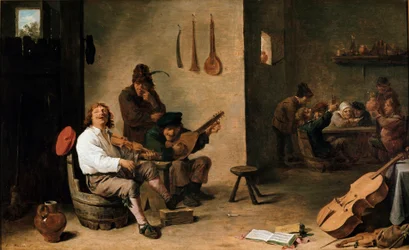 Hudebníci v krčmě Obraz od Davida Tenierse Mladého (1610-1690) Turín 17. století, Galleria Sabauda Itálie