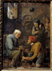 Chirurgie Muž zadržen, aby otevřel pacientovi nohu. Obraz Davida Tenierse II. Mladý (1610-1690) Slunce 17. století. 0,33x0,25 m Madrid, muzeum Prado