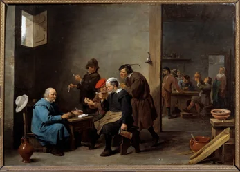 Muž s bílým kloboukem Skupina mužů kouří dýmku v hostinci. Obraz od Davida Teniers II mladý (1610-1690)