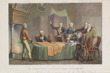 Přijetí nejvyšší vlády triumvirátem jménem prince Oranžského, 21. listopadu 1813 Obnovit nizozemskou vládu v Nizozemsku. (20. listopadu 1813) (název na objektu)