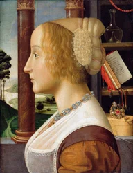 ""Profilový portrét mladé ženy"" (Profilový portrét mladé ženy) Obraz Davide Ghirlandaio (1452-1525) cca 1490 Dim 44,6x34,3 - Staatliche Museen, Berlín
