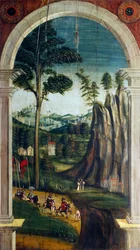 Perspektiva namalovaná Defendente Ferrari (1480 nebo 1485-1540), na zadní části chóru z 16. století, kostel svatého Jeronýma, Biella, Itálie