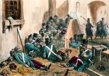 Tyfus za napoleonských válek Vojáci francouzské armády trpí horečkou způsobenou nemocemi. Rytina Denis Auguste Raffet (1804-1860) 19. století. Soukromá sbírka