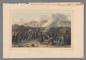 Beschieting van de Citadel, 1832 Vybitá baterie v akci (název na předmětu) Kresby ze života v obležení Citadely v Antverpách od Raffeta (název série na objektu)