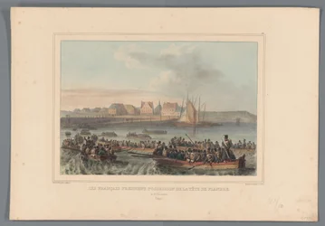 Fransen veroveren het Vlaams Hoofd, 1832 Francouzi se zmocňují hlavy Flander (titul na předmětu) Kresby vytvořené z přírody při obléhání Citadely v Antverpách od Raffeta (název série na objektu)