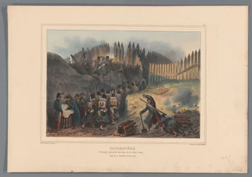 Skupinový voják trektové dveře a otevření v de palisade, 1832 Kaponiéra, palisádové dílo před půlměsícem (název na objektu) Kresby ze života v obležení Citadely v Antverpách od Raffeta (název série na objektu)