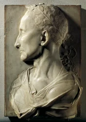 Profil muže Laure kdysi známého jako Jules Cesar. Mramorová socha připisovaná Desideriu Settignanovi (1428-1464). 15. století. Muzeum Louvre, Paříž