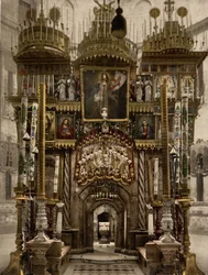 Interiér Božího hrobu, Jeruzalém, Svatá země, kolem 1890-1900 (fotochromový tisk)