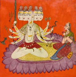 Sadashiva uctívaný Parvati, kolem roku 1690 (neprůhledný akvarel, zlato a aplikované broučí křídlo na papíře, )
