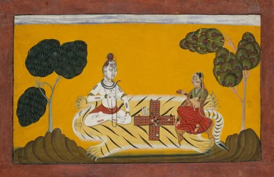 Shiva and Parvati Playing Chopper: Folio ze série Rasmanjari, datované 1694–95.