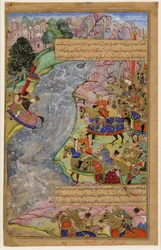 Jalal al-Din Khwarazm-Shah překračující rychlou řeku Indus, útěk Chinggis Khan a jeho armádě, 1597