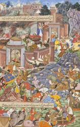 Let sultána Bahadura během kampaně Humayuns 1535 v Gudžarátu, kolem roku 1590 (neprůhledný akvarel, zlato a inkoust na papíře)