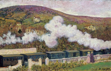 Průjezd vlaku - Regoyos y Valdes, Dario de (1857-1913) - 1902 - Olej na dřevě - 35x55 - Museo Carmen Thyssen, Malaga