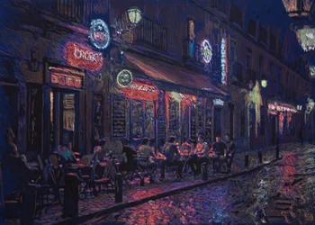 Calle y bar madrileño, 2025 (akryl, tuš a tužka na látce)