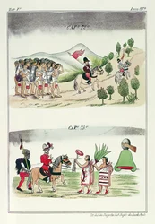 Čepice 72 a čepice 73, ilustrace z „Historia de las Indias de Nueva Espana y Islas de tierra firme“, s deskami Jules Desportes, Mexiko, 1867-80