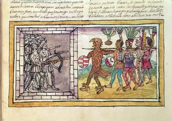 Codex Durán: Pedro de Alvarado (asi 1485-1541), spolubojovník Hernanda Cortése (1485-1547), obležený aztéckými bojovníky