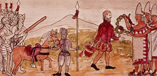 Fol. 208v Setkání Hernanda Cortése (1485-1547) a Montezumy (1466-1520), miniatura z „Dějin Indiánů“ od Diega Durana, 1579 (detail z 227180)