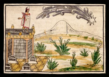 Montezuma pozoruje kometu, miniatura z Dějiny Indie od Diega Durana (1537-1588)