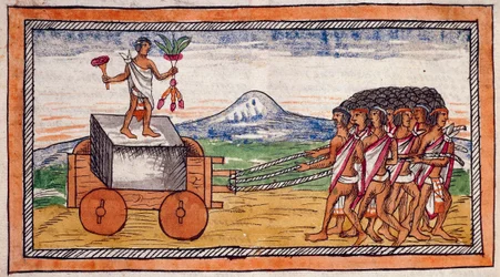 Aztékové převážejí kameny na stavbu svých měst, natahují akvarel z Dějiny Indie od Diega Durana (1537-1588), rukopis, folio 188 recto