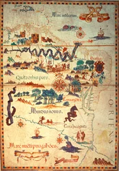 Přidejte 5415A f.23v-24 Atlas od Diega Homema z Jižní Ameriky, ukazující indiány v jejich osadách, tábor španělských expedičních sil a muže v brnění, kolem roku 1558